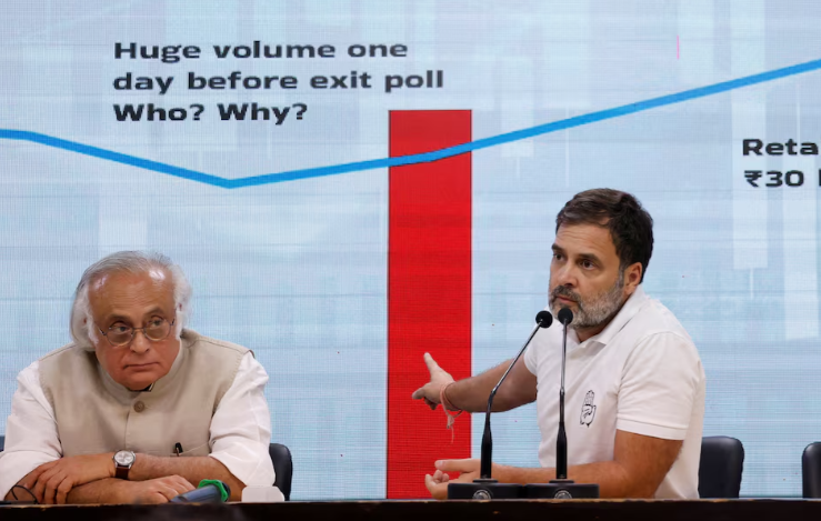 rahul gandhi r and jairam ramesh senior leaders in india s opposition congress party during a media briefing at congress headquarters in new delhi india june 6 2024 photo reuters