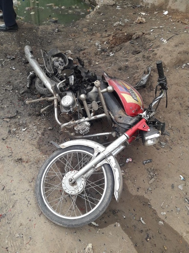 Police personnel on ground have revealed that the Improvised Explosive Device (IED) was planted in the motorcycle. PHOTO: EXPRESS