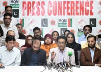mqm p chairman dr khalid maqbool siddiqui addresses a press conference at the party s bahadurabad headquarters in karachi on sunday accompanied by senior leaders syed mustafa kamal dr farooq sattar aminul haq anis kaimkhani and others