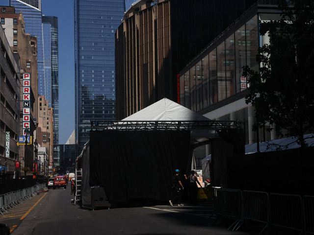 A structure stands outside Madison Square Garden, the venue for the reported wedding celebrations of singer Taylor Swift and National Football League (NFL) player Travis Kelce, in New York, U.S., July 3, 2026. REUTERS/Shannon Stapleton