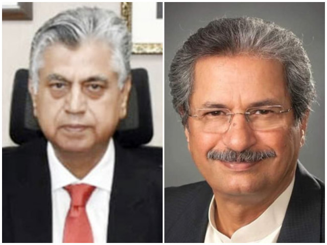caretaker information minister murtaza solangi l and pti leader shafqat mahmood r photo file