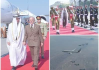 clockwise prime minister shehbaz sharif walks hand in hand with uae president mohamed bin zayed al nahyan upon his arrival at nur khan airbase where the visiting leader is accorded a guard of honour pakistan air force fighter jets escort the uae president s aircraft photos agencies