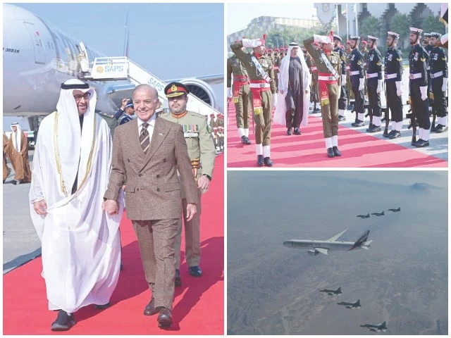 clockwise prime minister shehbaz sharif walks hand in hand with uae president mohamed bin zayed al nahyan upon his arrival at nur khan airbase where the visiting leader is accorded a guard of honour pakistan air force fighter jets escort the uae president s aircraft photos agencies clockwise prime minister shehbaz sharif walks hand in hand with uae president mohamed bin zayed al nahyan upon his arrival at nur khan airbase where the visiting leader is accorded a guard of honour pakistan air force fighter jets escort the uae president s aircraft photos agencies