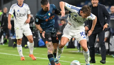 como s nicolas paz fights for the ball with napoli s matteo politano during the italian serie a match at the diego armando maradona stadium in naples photo afp
