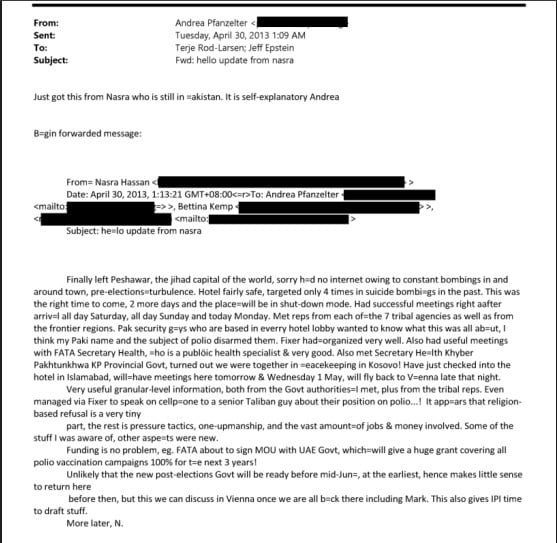 Email forwarded to Jeffrey Epstein from Nasra Hassan via Andrea Pfanzelter, dated April 30 2013. PHOTO: United States Department of Justice