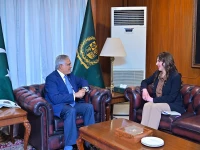 foreign minister ishaq dar in meeting with us charg d affaires natalie baker photo mofa