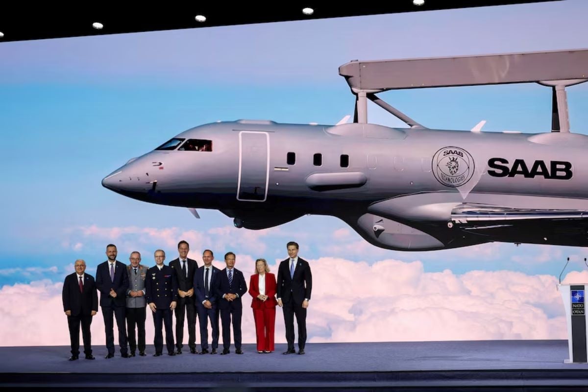 Sweden's Prime Minister Ulf Kristersson and NATO Secretary General Mark Rutte pose for a group photo during the High Level Defence announcements at the NATO Summit Defence Industry Forum, on the sidelines of the NATO leaders' Summit, in Ankara, Turkey, July 7, 2026. REUTERS