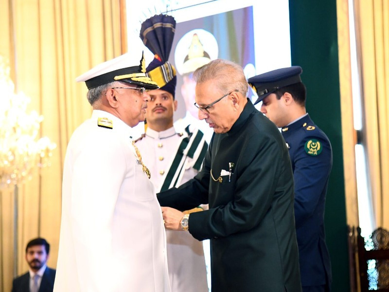 the president decorated the naval chief with the award in recognition of his meritorious services at a special ceremony held in islamabad on october 13 2023 photo app