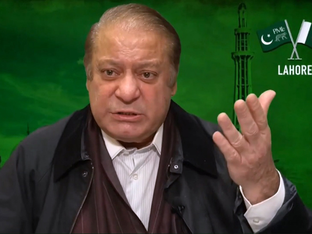 nawaz sharif addresses pdm rally in lahore via video link screengrab