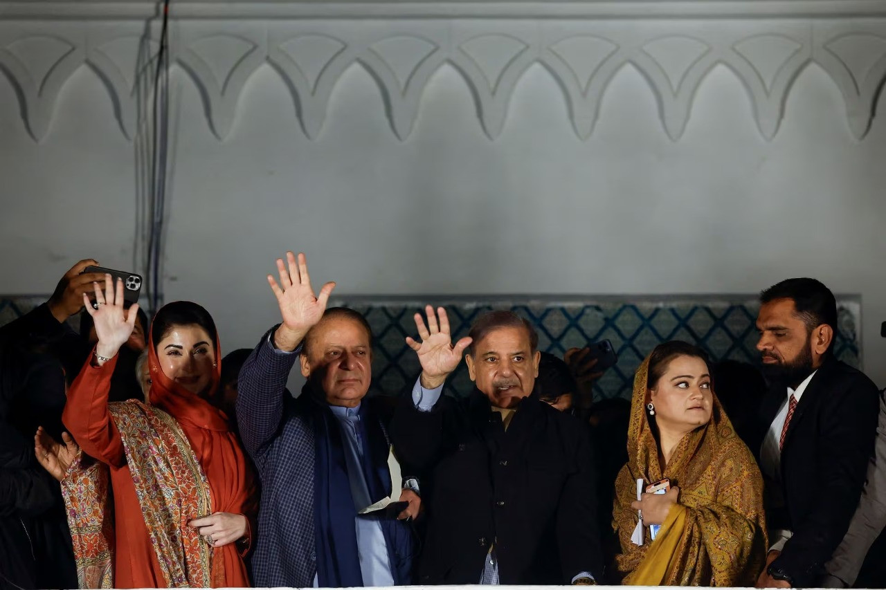 former prime minister nawaz sharif his daughter and politician maryam nawaz sharif his brother and former prime minister shehbaz sharif and former information minister marriyum aurangzeb gesture as they gather at the party office of pakistan muslim league nawaz in lahore on february 9 2024 photo reuters