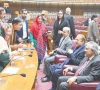 prime minister shehbaz sharif and pml n quaid nawaz sharif interact with mps during the national assembly session photo nni prime minister shehbaz sharif and pml n quaid nawaz sharif interact with mps during the national assembly session photo nni