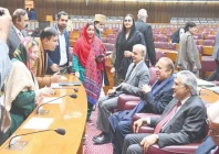 prime minister shehbaz sharif and pml n quaid nawaz sharif interact with mps during the national assembly session photo nni