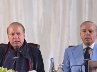 pml n supremo nawaz sharif alongside prime minister shehbaz sharif at a party convention in azad jammu and kashmir screengrab