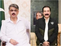 ousted ajk prime minister chaudhry anwarul haq l and new elected premier faisal rathore r ousted ajk prime minister chaudhry anwarul haq l and new elected premier faisal rathore r