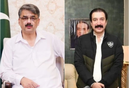 ousted ajk prime minister chaudhry anwarul haq l and new elected premier faisal rathore r ousted ajk prime minister chaudhry anwarul haq l and new elected premier faisal rathore r