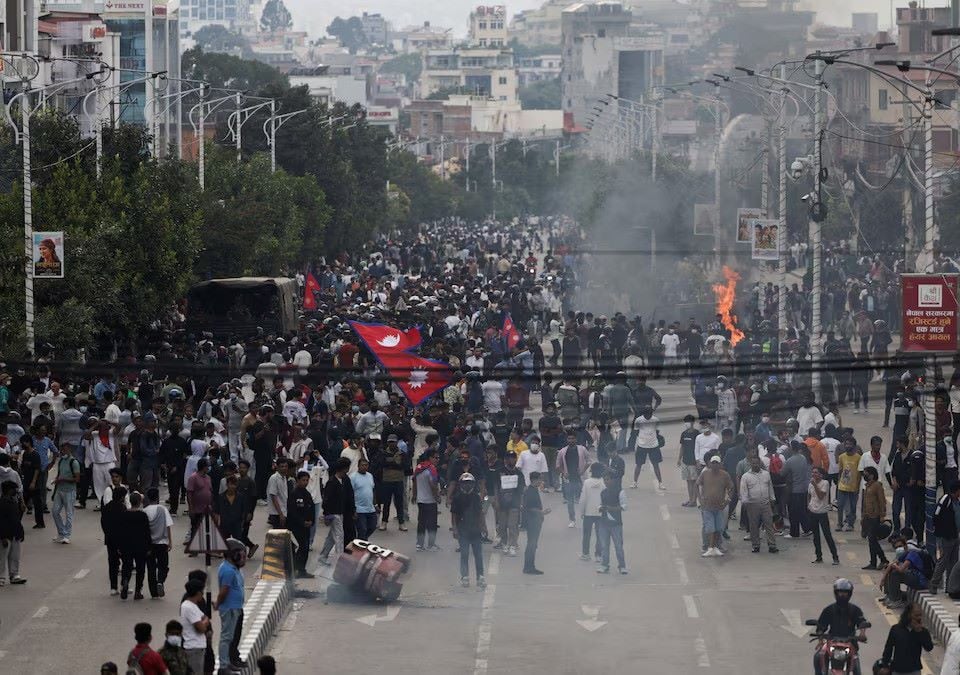 Demonstrators gather near the parliament during a protest against corruption and the government's decision to block several social media platforms, in Kathmandu, Nepal, September 8.PHOTO: REUTERS