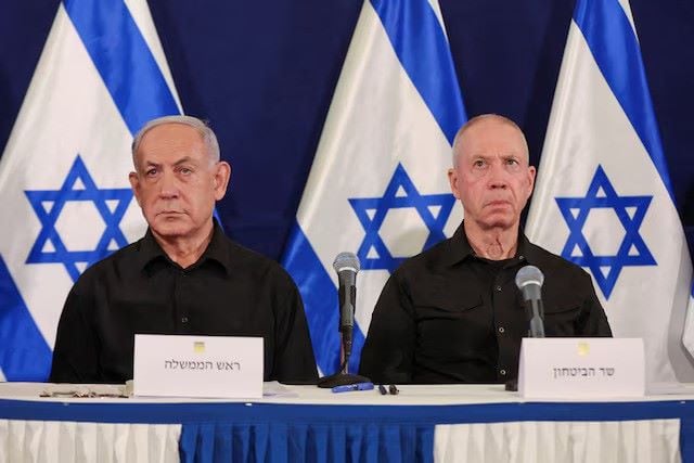 israeli prime minister benjamin netanyahu and defense minister yoav gallant during a press conference in the kirya military base in tel aviv israel 28 october 2023 photo reuters