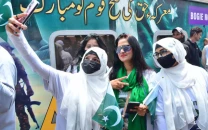 women passengers take selfie in front of the thar desert safari azadi train at the railway station travelling from karachi to khokhrapar as a part of the 78th day of independence and marka e haq celebrations photo app