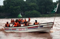rescue 1122 personnel take part in a mock flood fighting and rescue exercise along the ravi river in lahore on tuesday as the ndma issued flood alerts warning of rising water levels in the sutlej and ravi rivers due to heavy rainfall and water discharge from india photo app