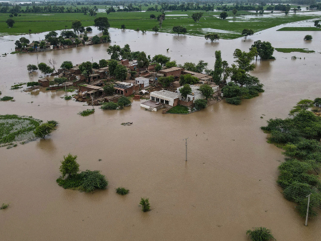 This aerial photograph shows partially submerged houses in the flood-affected area of Haqu Wala village in Pakistan's Kasur district on August 26, 2025. Photo: AFP