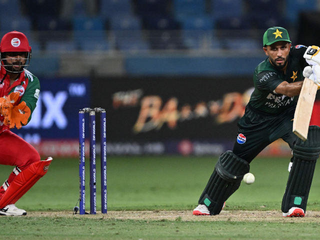 Pakistan's Mohammad Haris plays a shot during the Asia Cup 2025 Twenty20 international cricket match between Oman and Pakistan at the Dubai International Stadium in Dubai on September 12, 2025. Photo: AFP