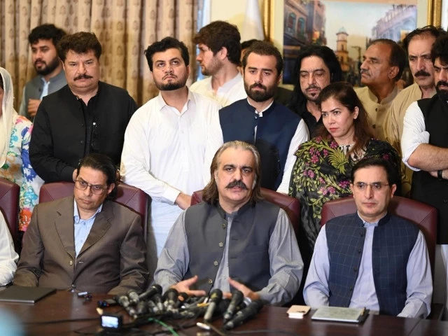 khyber pakhtunkhwa chief minister ali amin gandapur addresses a press conference alongside pti chairman barrister gohar salman akram raja and other party leaders in islamabad on wednesday july 02 2025 screengrab