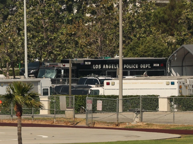 police vehicles are seen following an explosion at the los angeles county sheriff department s biscailuz training center in east los angeles california on july 18 2025 photo afp