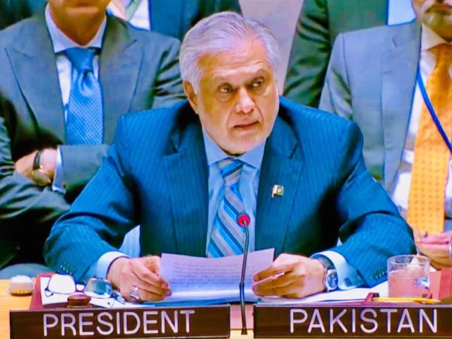 deputy prime minister and foreign minister ishaq dar addresses the unsc s open debate on the middle east including the palestinian question on wednesday in new york photo x deputy prime minister and foreign minister ishaq dar addresses the unsc s open debate on the middle east including the palestinian question on wednesday in new york photo x