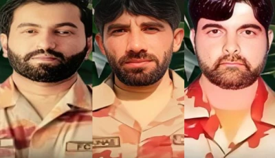 a combination photo shows major muhammad rizwan tahir lance naik muhammad younas and naik ibni amin who embraced martyrdom in a terrorists attack in mastung photo ispr