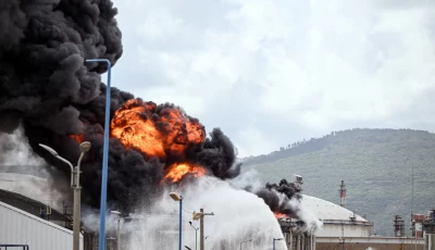 a blaze after israel s fire and rescue service said that an industrial building and fuel tanker at israel s oil refineries were hit by debris from an intercepted iranian missile in haifa israel march 30 photo reuters