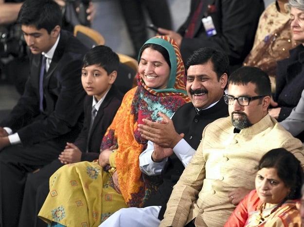 MalalaÃÃÃs brothers, Khushal and Atal, mother Toor Pekai, father Ziauddin and co-laureate Kailash SatyarthiÃÃÃs son Bahawan at the Nobel Peace Prize ceremony in Oslo. PHOTO: AFP