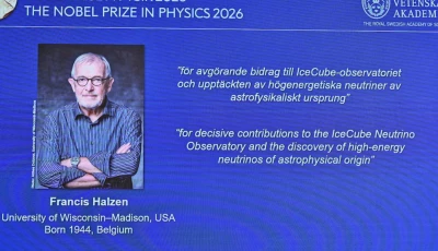 a display board shows that francis halzen is announced as the recipient of the 2026 nobel prize in physics during a press conference at the royal swedish academy of sciences in stockholm sweden october 6 2026 photo reuters