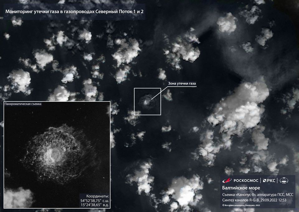 a satellite image shows gas from the nord stream pipeline bubbling up in the water following incidents in the baltic sea in this handout picture released september 29 2022 photo reuters