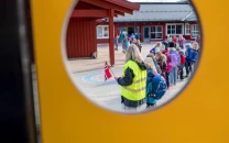 children stay in line at vikasen school in trondheim norway april 27 2020 photo reuters