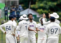 india s prasidh krishna c celebrates with teammates after taking the wicket of sri lanka s kamindu mendis during the third day of the second test at the sinhalese sports club ground in colombo on august 25 2026 photo afp
