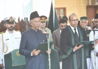 shc chief justice zafar ahmed rajput administers the oath of office to nihal hashmi in karachi photo express