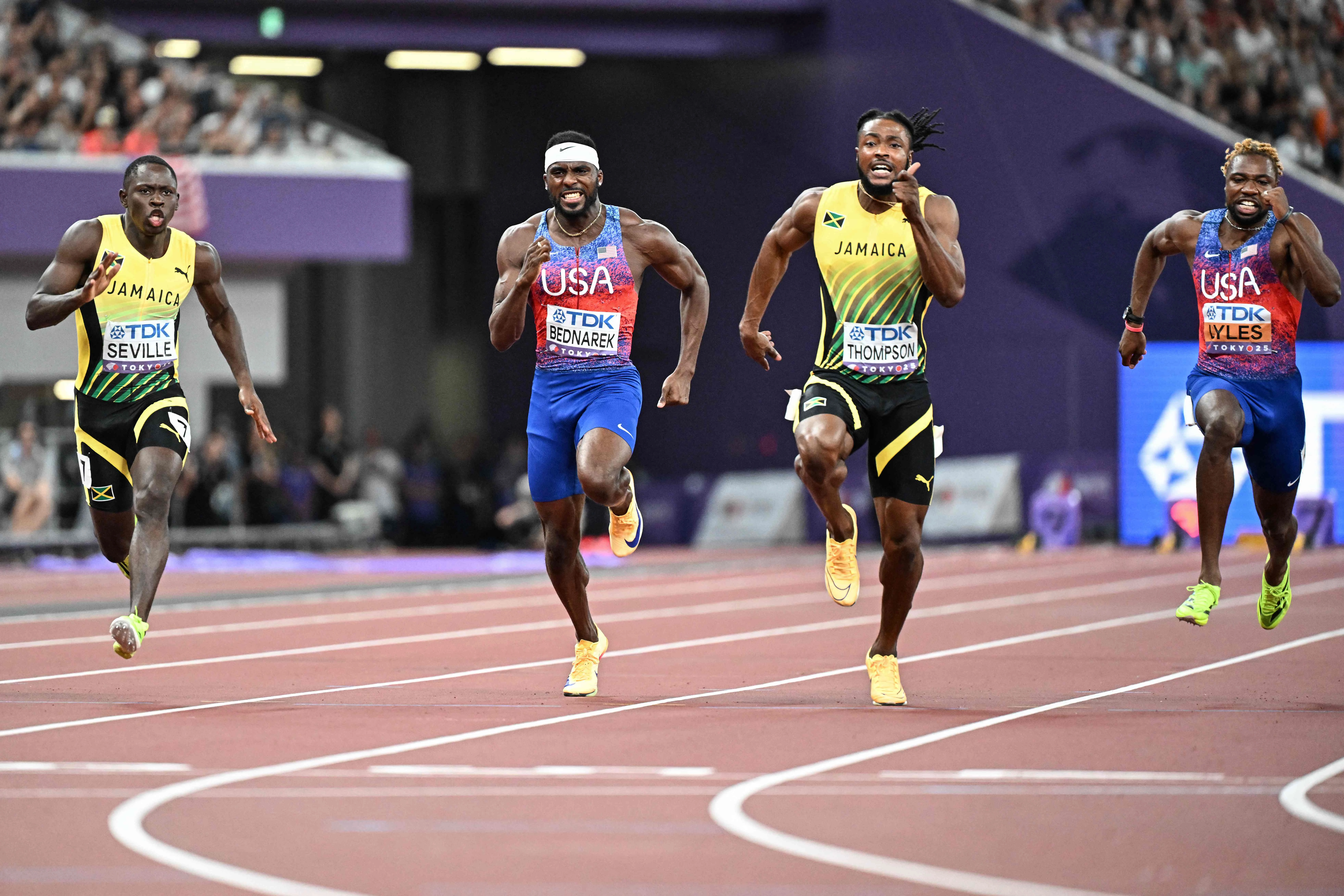 jamaica s athlete oblique seville l us athlete kenneth bednarek jamaica s athlete kishane thompson and us athlete noah lyles compete in the men s 100m final during the world athletics championships in tokyo photo afp