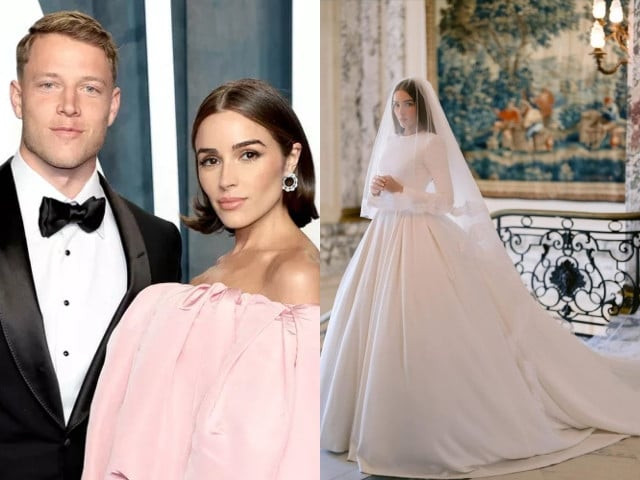 left olivia culpo and christian mccaffrey by dimitrios kambouris via wireimage right olivia culpo in her wedding dress oliviaculpo on instagram left olivia culpo and christian mccaffrey by dimitrios kambouris via wireimage right olivia culpo in her wedding dress oliviaculpo on instagram