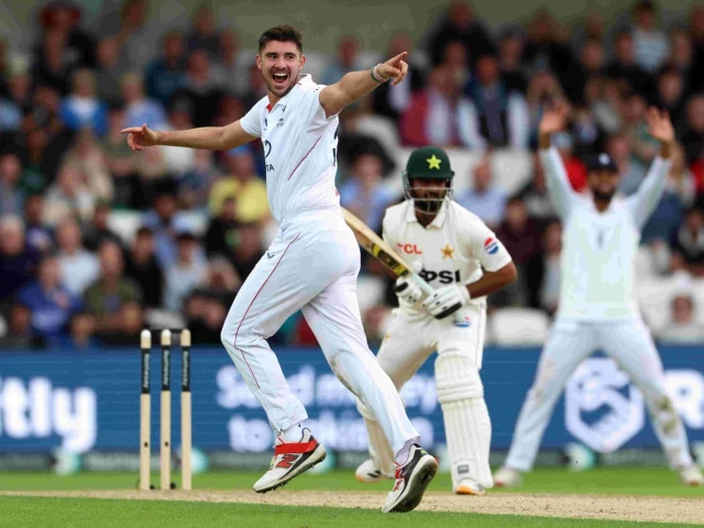 england s ollie robinson celebrates taking the wicket of pakistan s ali usman on the opening day of the first test between england and pakistan at headingley on august 19 2026 photo afp england s ollie robinson celebrates taking the wicket of pakistan s ali usman on the opening day of the first test between england and pakistan at headingley on august 19 2026 photo afp