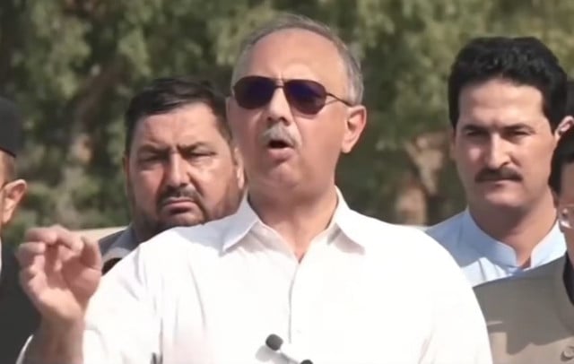opposition leader in national assembly omar ayub khan speaking to the media outside adiala jail in rawalpindi on thursday may 23 2024 screengrab