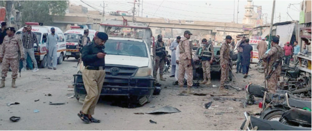 targetted attack law enforcement agencies personnel cordon off the site of the blast in orangi town at least one rangers personnel was martyred and two others were injured in the blast that left 14 other passersby injured photo ppi targetted attack law enforcement agencies personnel cordon off the site of the blast in orangi town at least one rangers personnel was martyred and two others were injured in the blast that left 14 other passersby injured photo ppi