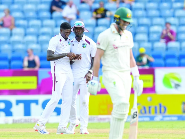alzarri joseph l and jayden seales c of west indies celebrate the dismissal of pat cummins r of australia on the first day of the 2nd test at grenada national cricket stadium in saint george s photo afp alzarri joseph l and jayden seales c of west indies celebrate the dismissal of pat cummins r of australia on the first day of the 2nd test at grenada national cricket stadium in saint george s photo afp