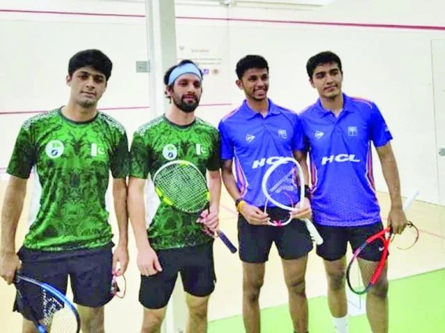 pakistan s noor zaman far left and and nasir iqbal second from left pose with indian players abhay singh and velavan senthilkumar after the final of the asian doubles squash in kuching malaysia photo psa pakistan s noor zaman far left and and nasir iqbal second from left pose with indian players abhay singh and velavan senthilkumar after the final of the asian doubles squash in kuching malaysia photo psa