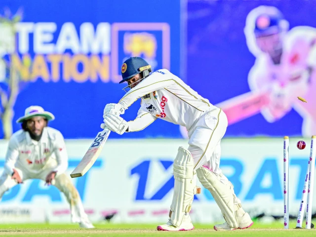 sri lanka s pathum nissanka is clean bowled by bangladesh s hasan mahmud on the third day of the first test cricket at the galle international cricket stadium photo afp sri lanka s pathum nissanka is clean bowled by bangladesh s hasan mahmud on the third day of the first test cricket at the galle international cricket stadium photo afp