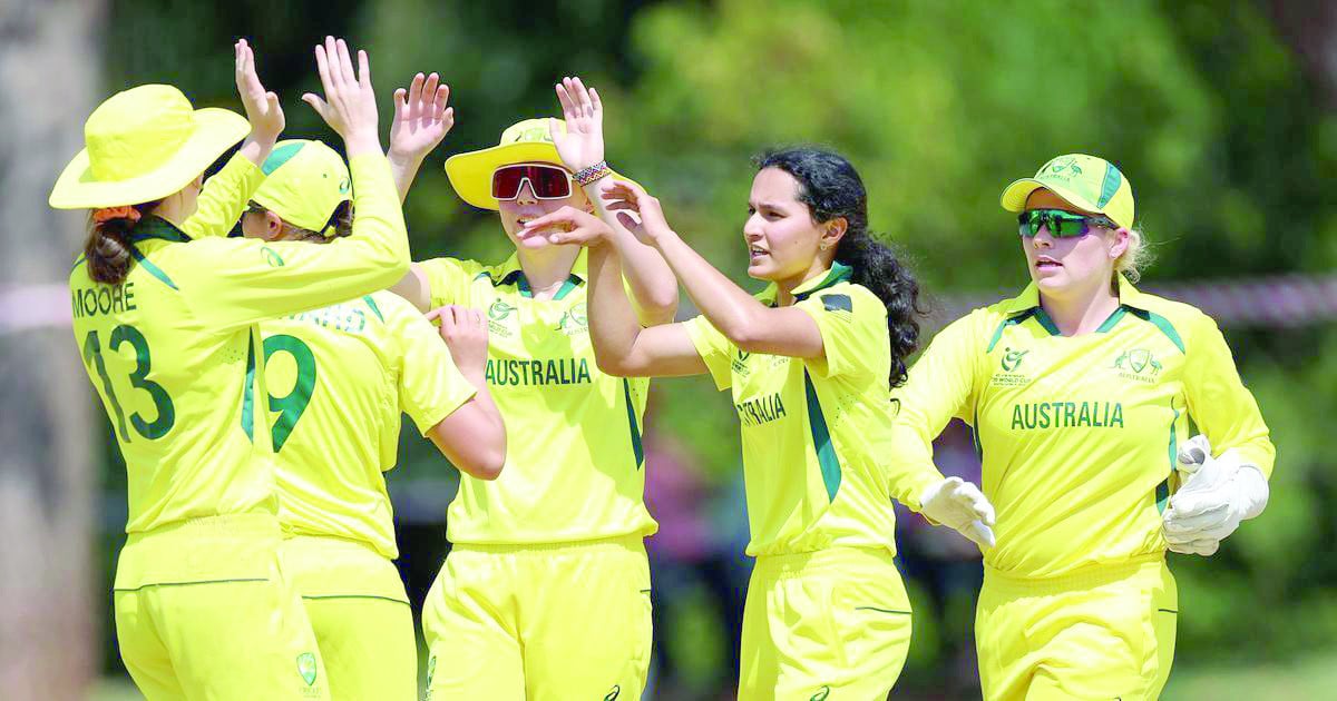 australian under 19 women s team celebrate after beating the west indies in the t20 world cup on saturday photo reuters