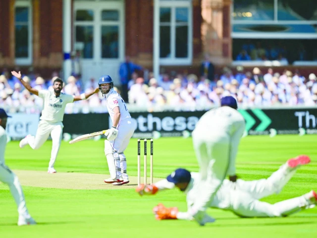 england s ben duckett c looks behind after playing a shot on the opening day of the third test against india at lord s on thursday photo afp