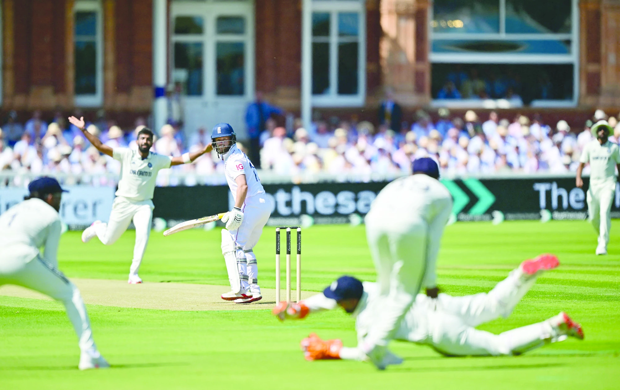 england s ben duckett c looks behind after playing a shot on the opening day of the third test against india at lord s on thursday photo afp
