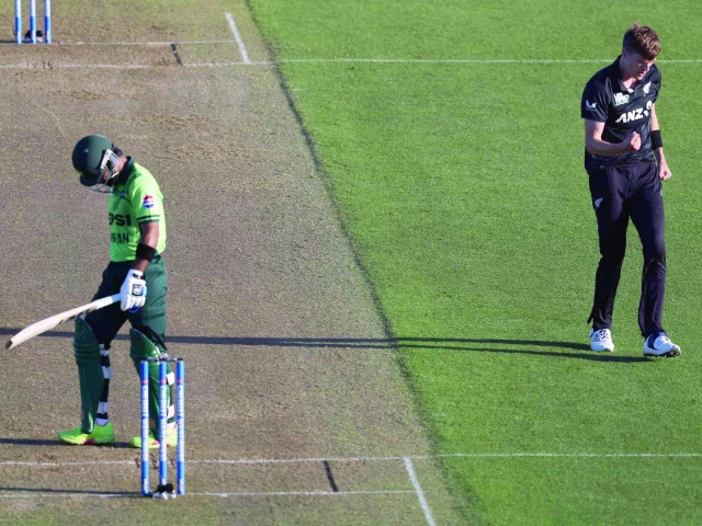 new zealand pacer ben sears r celebrates after dismissing pakistan s abdullah shafique l in the third odi at bay oval on saturday photo afp new zealand pacer ben sears r celebrates after dismissing pakistan s abdullah shafique l in the third odi at bay oval on saturday photo afp