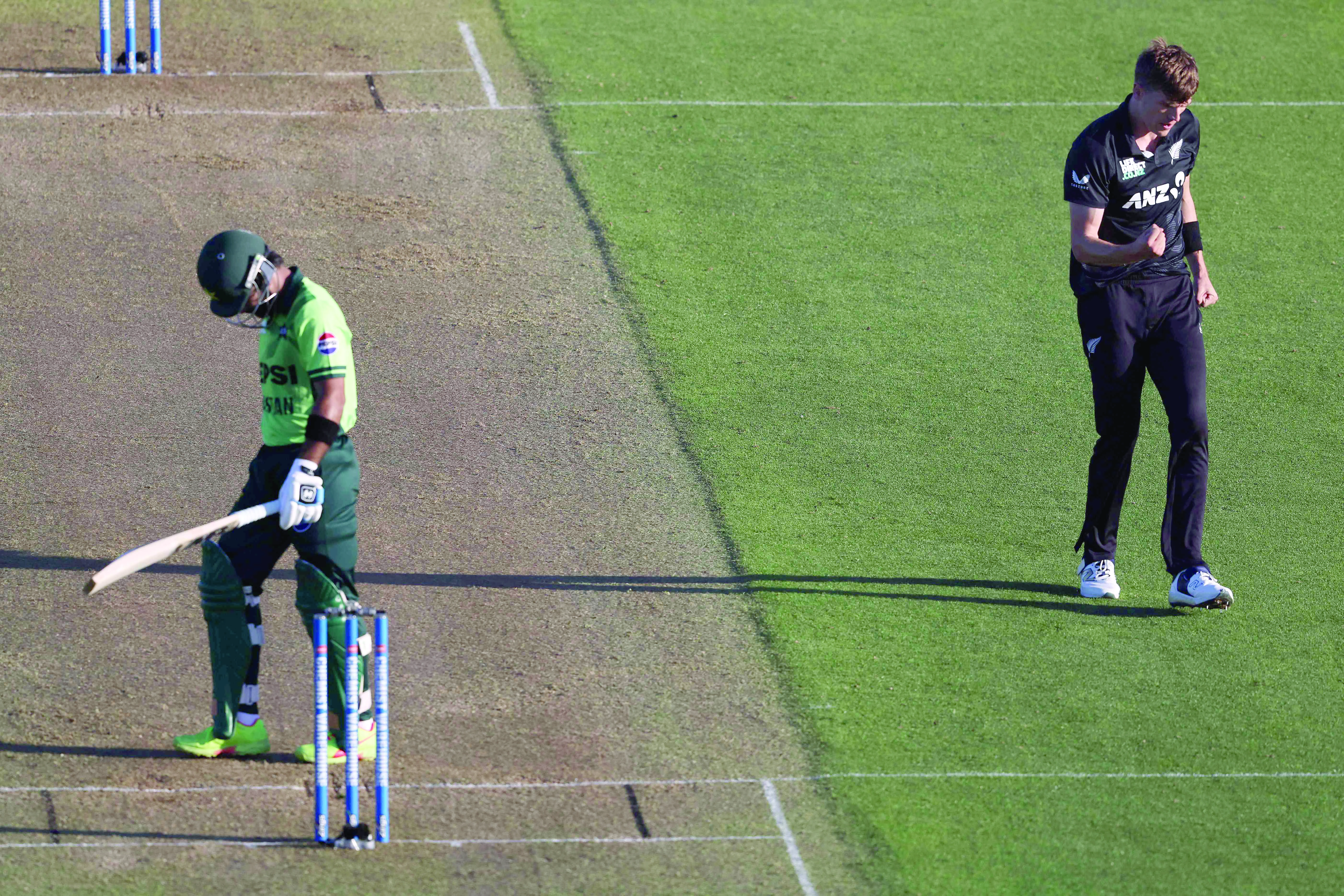 new zealand pacer ben sears r celebrates after dismissing pakistan s abdullah shafique l in the third odi at bay oval on saturday photo afp new zealand pacer ben sears r celebrates after dismissing pakistan s abdullah shafique l in the third odi at bay oval on saturday photo afp