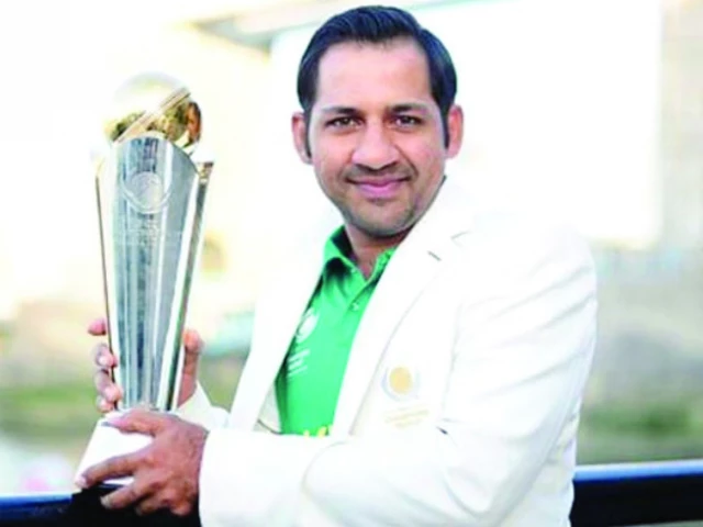 ex captain sarfaraz ahmed poses with 2017 icc champions trophy which pakistan won in england the former skipper has been named by icc among the four ambassadors for ct 2025 commencing from feb 19 photo afp ex captain sarfaraz ahmed poses with 2017 icc champions trophy which pakistan won in england the former skipper has been named by icc among the four ambassadors for ct 2025 commencing from feb 19 photo afp